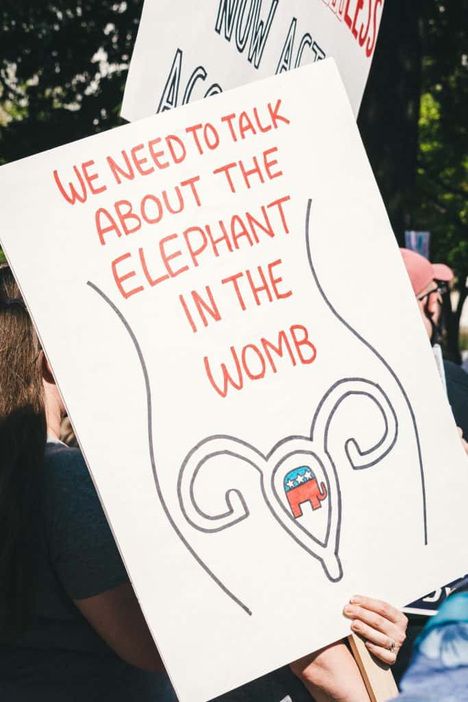 Advocacy protest sign highlighting reproductive rights and gender equality, emphasizing the need for open discussion about the elephant in the womb and promoting awareness on reproductive health issues.