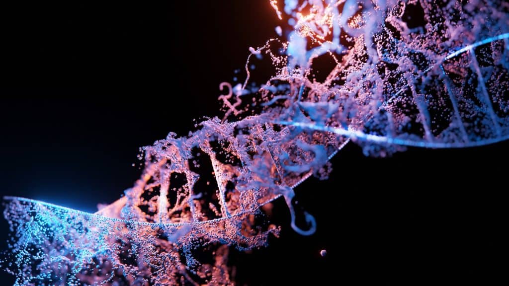 Vibrant close-up of a luminous DNA double helix strand illuminated with pink and blue neon lights, showcasing molecular biology, genetics, and scientific research themes.