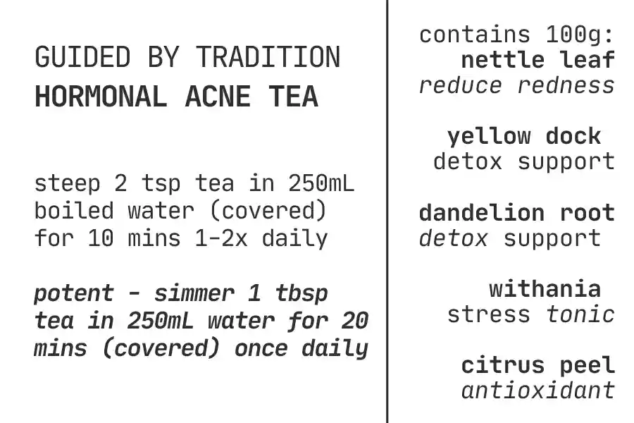 Relaxing herbal tea blends with natural ingredients for skin health and stress relief, including nettle leaf, yellow dock, dandelion root, withania, and citrus peel.